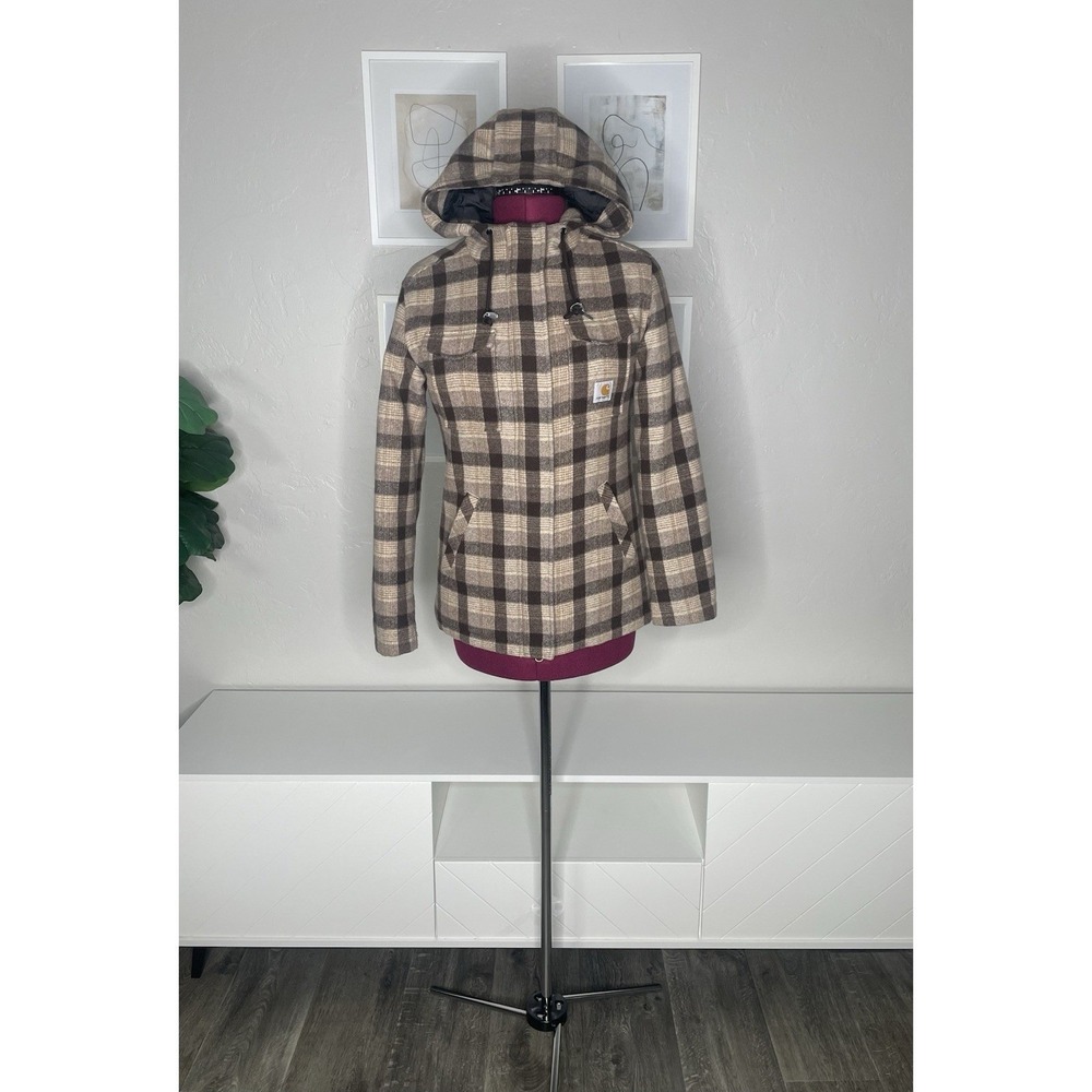 Carhartt  Jacket Women's S (4/6)‎ Plaid Wool Utility Coat Hooded Quilted Lined